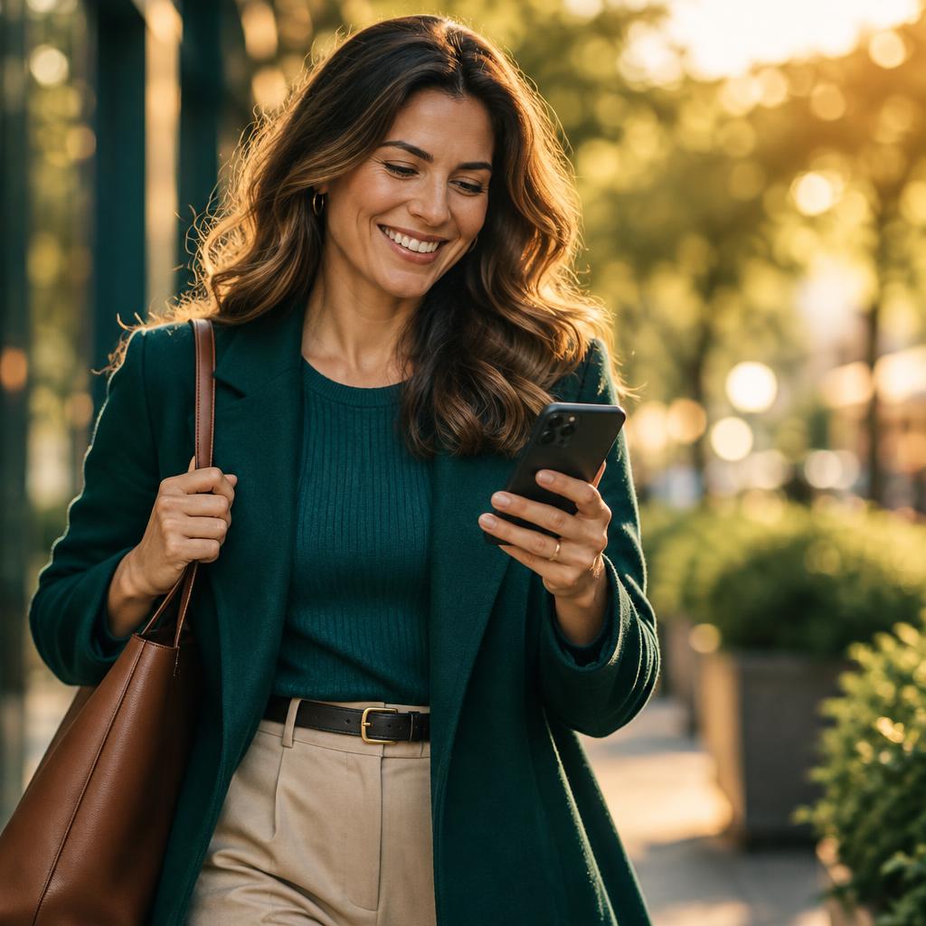 Mulher sorrindo ao consultar o celular, simbolizando parceria e crescimento