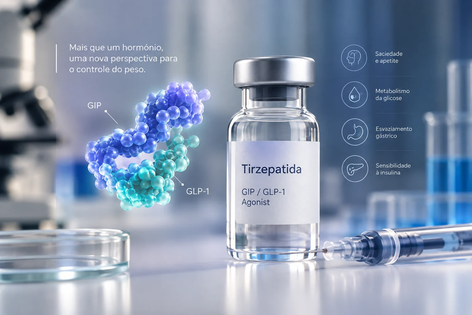 Representação científica da tirzepatida, com GIP e GLP-1 em ambiente de pesquisa
